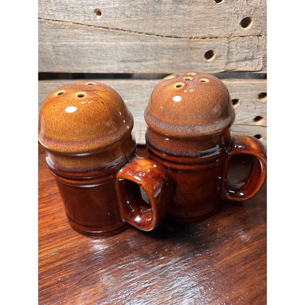 Vintage Brown Drip Salt & Pepper Shakers with Handles Collectible Ceramic Studio